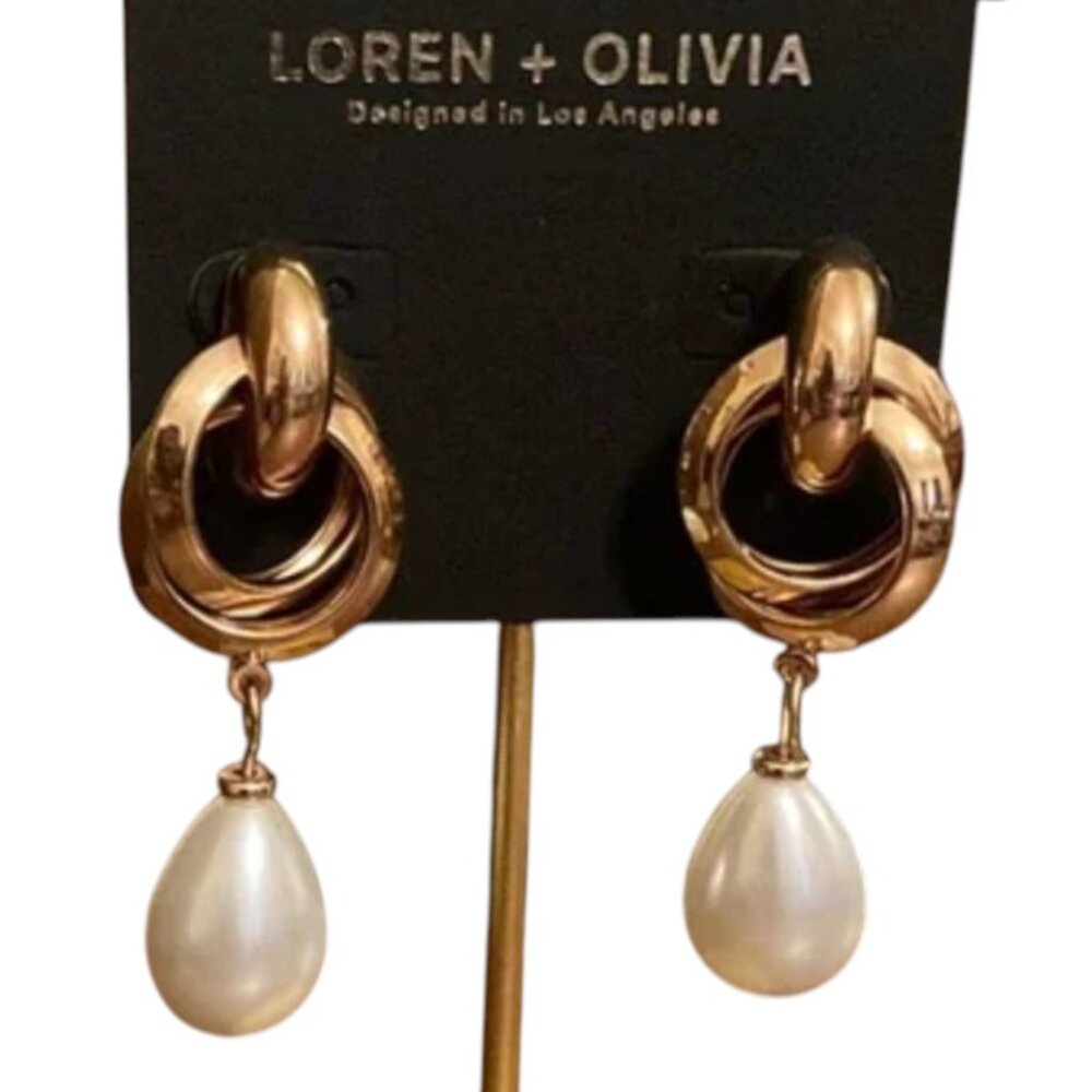 Loren + Olivia Gold Tone Swirls w. Teardrop Fake Pearls Dangle Earrings 2"